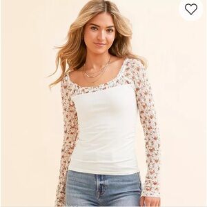 Free People White Top with Floral Sleeves